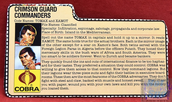 1985 Crimson Guard Commanders Tomax and Xamot File Card