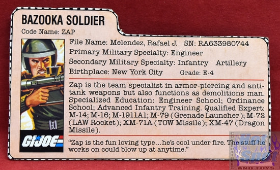 1982 Zap Bazooka Soldier File Card