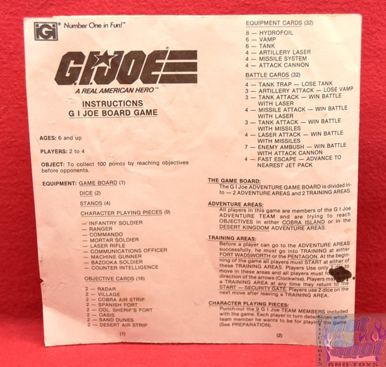 1982 Hasbro GI Joe Adventure Board Game Instructions Only