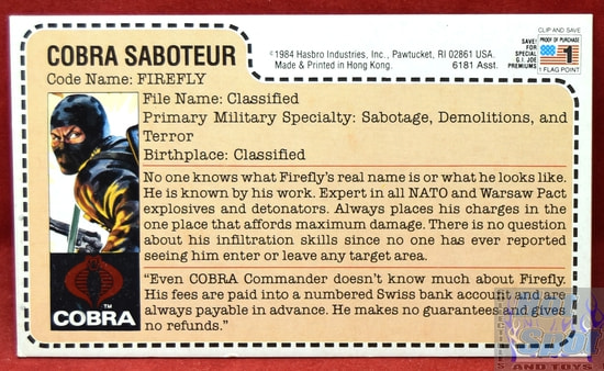 1984 Cobra Saboteur Firefly File Card