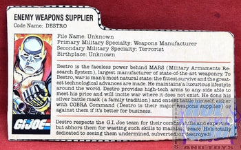1983 Destro Enemy Weapons Supplier File Card