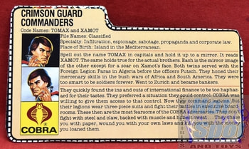 1985 Crimson Guard Commanders Tomax and Xamot File Card