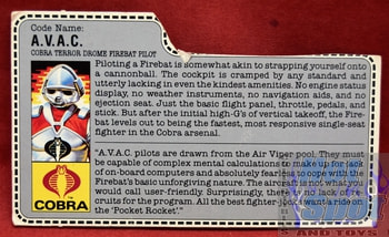1986 A.V.A.C. Cobra Terror Drome Firebat Pilot File Card