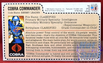 1982 Cobra Commander Enemy Leader File Card