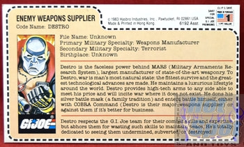 1983 Destro Enemy Weapons Supplier File Card