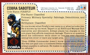 1984 Cobra Saboteur Firefly File Card