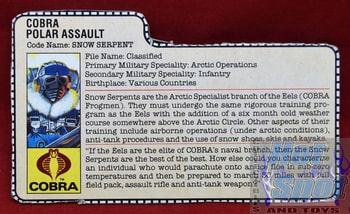 1985 Cobra Polar Assault Snow Serpent File Card