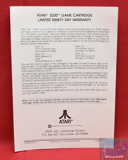 Atari 5200 Game Cartridge Limited Ninety Day Warranty Insert