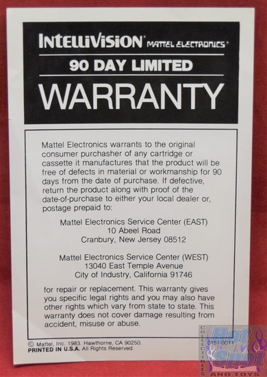 Intellivision Mattel Electronics 90 Day Limited Warranty Insert