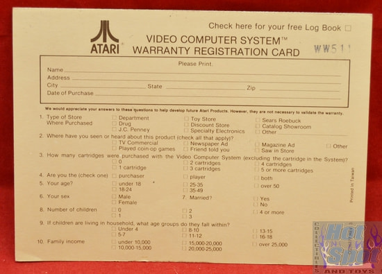 Video Computer System Warranty Registration Card