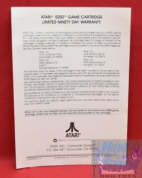 Boxes, Booklets and Inserts Atari 5200 Game Cartridge Limited Ninety Day Warranty Insert