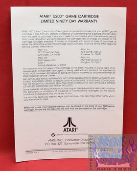 Atari 5200 Game Cartridge Limited Ninety Day Warranty Insert