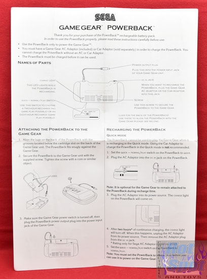 SEGA Game Gear PowerBack Instructions Insert