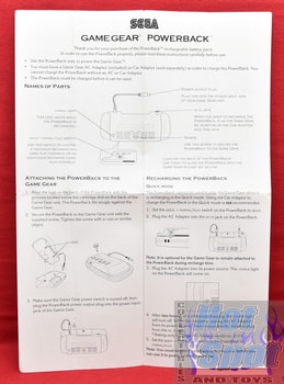 SEGA Game Gear PowerBack Instructions Insert